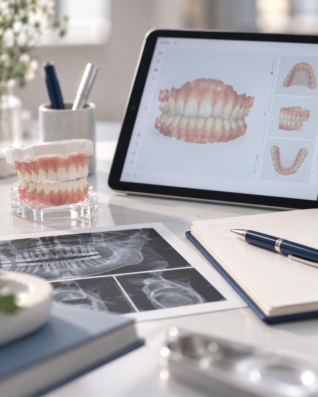 Radiografias, modelo dos dentes, caderno de anotações e o planejamento aberto no tablet.
