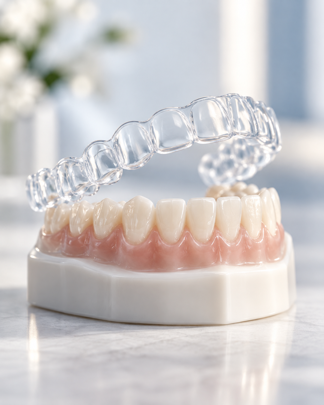 Alinhador transparente sobre um modelo dos dentes.