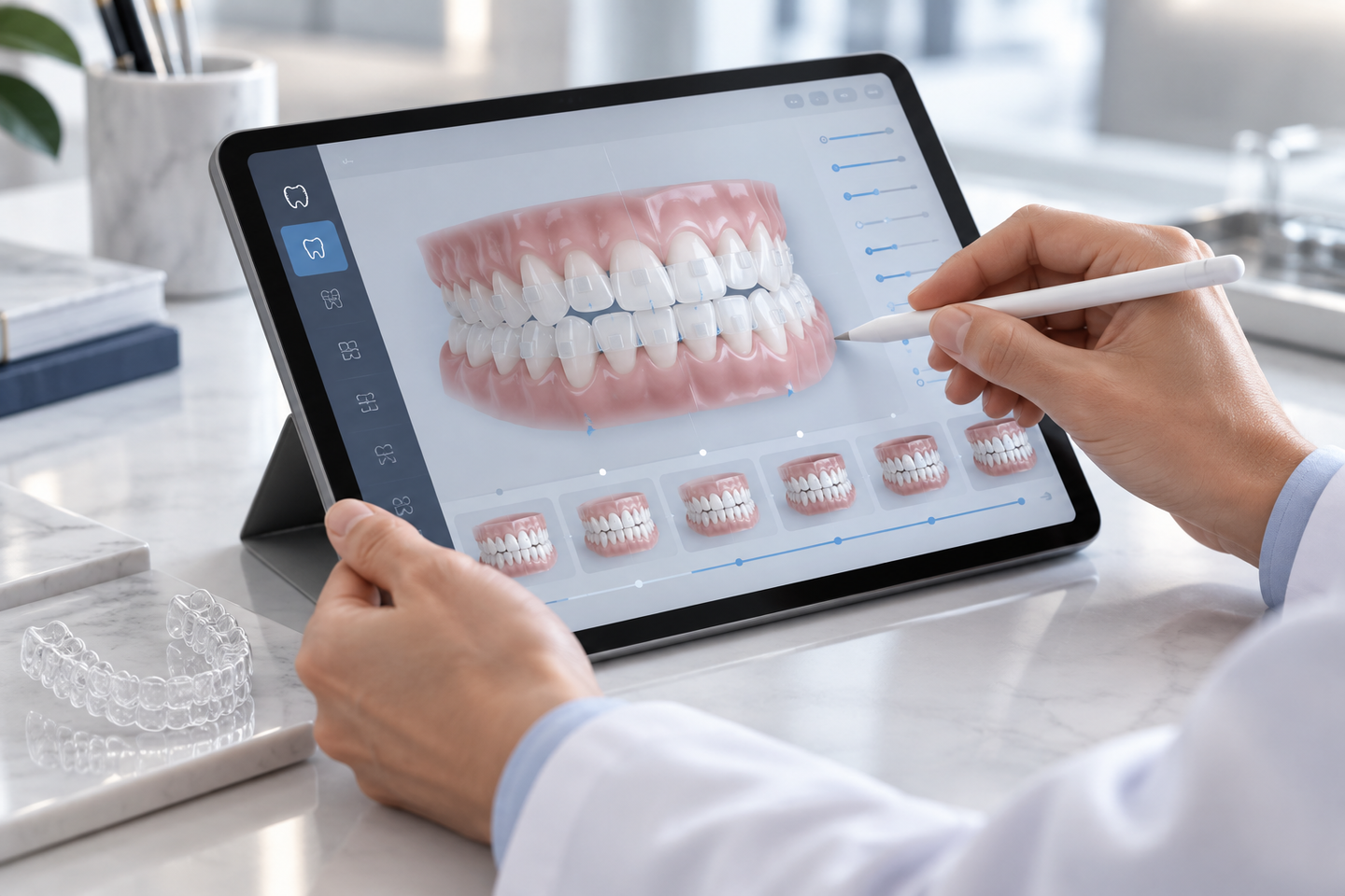Planejamento digital na tela do tablet, com as etapas do movimento dos dentes.