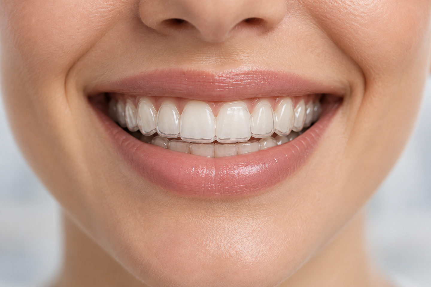 Sorriso com alinhador transparente nos dentes.