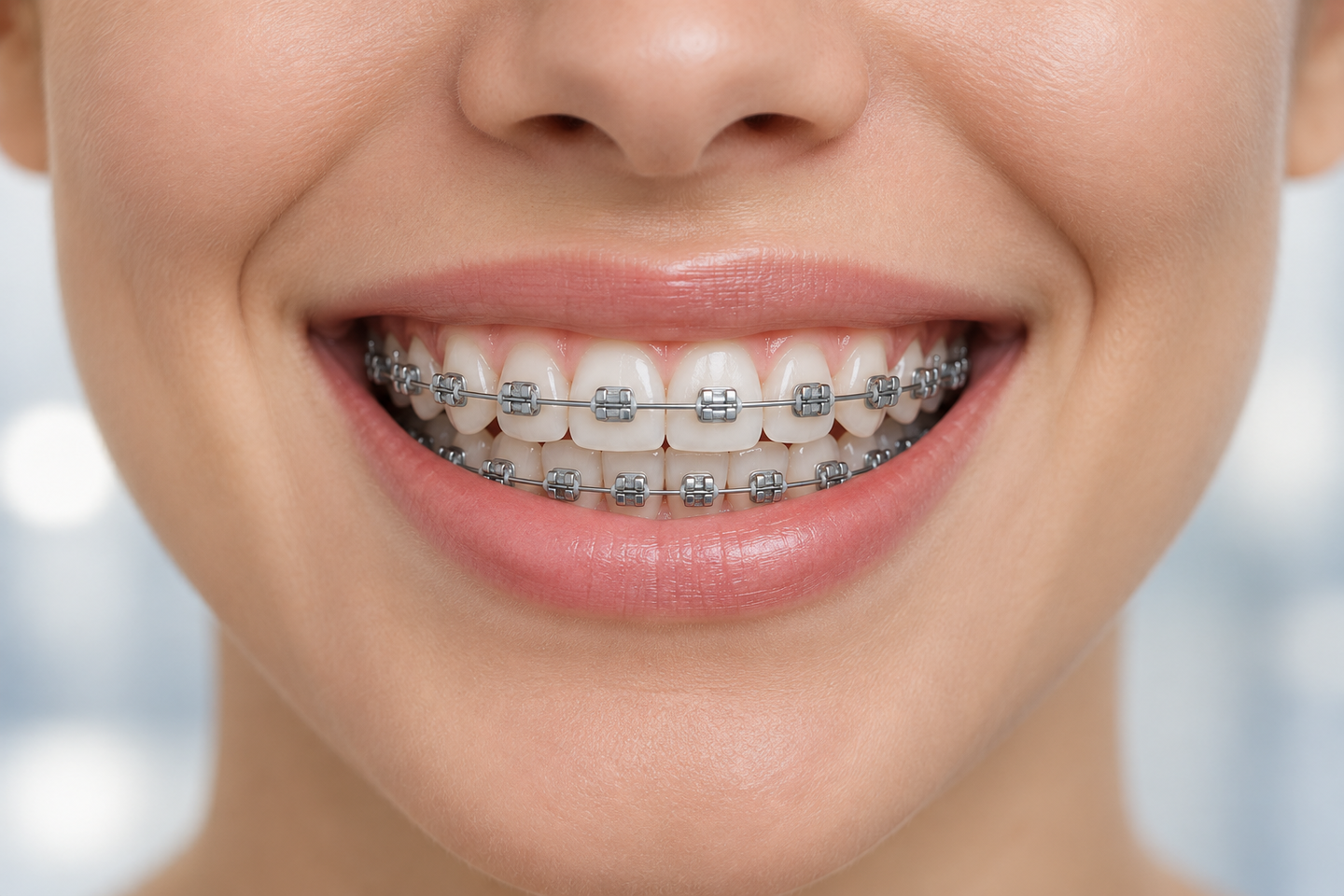 Sorriso com aparelho fixo metálico.