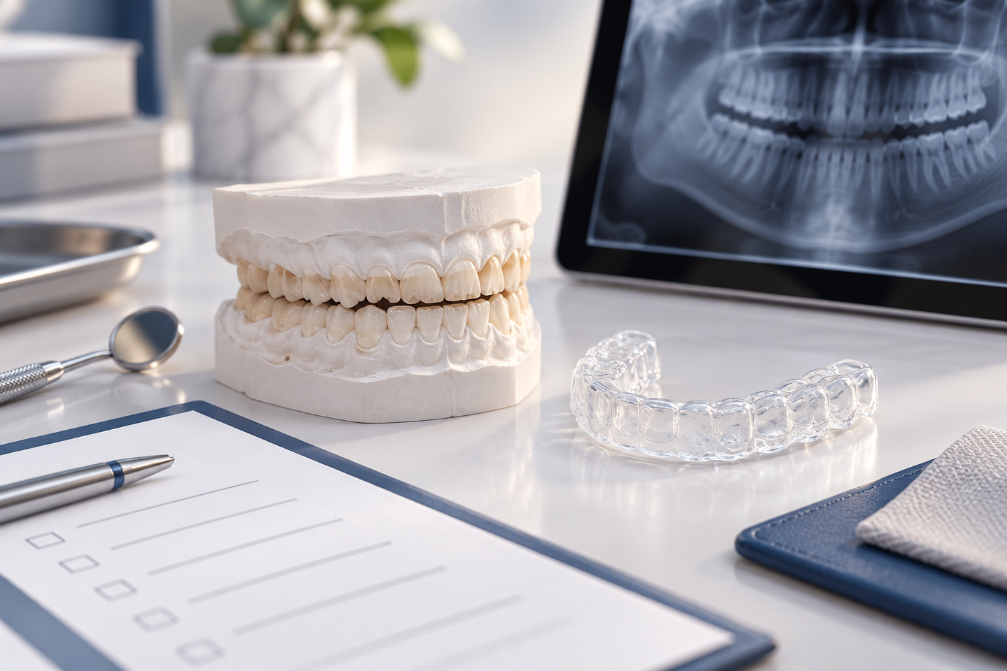 Modelo de gesso com dentes desgastados, radiografia, placa e ficha de avaliação sobre a mesa.