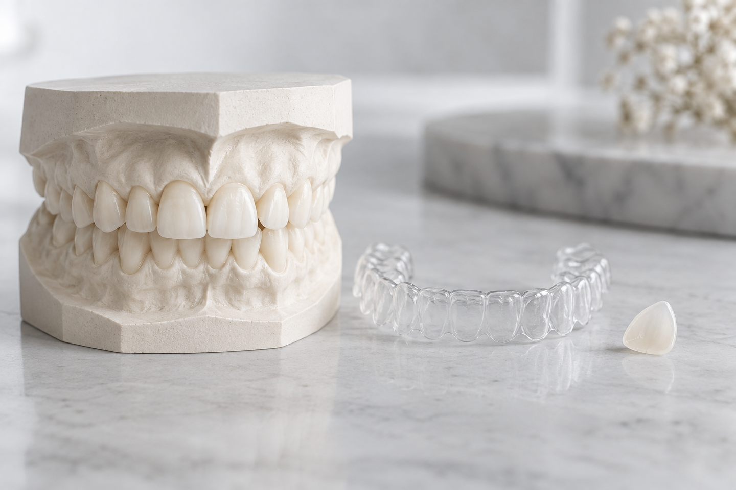 Modelo dos dentes, alinhador transparente e uma lente de contato dental lado a lado.