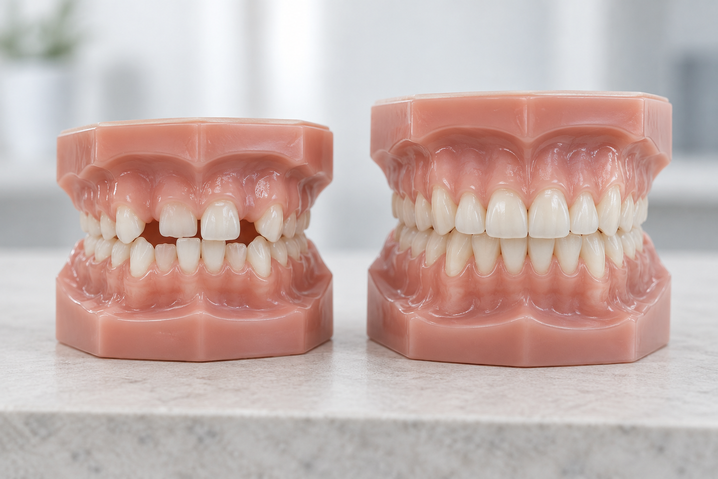 Dois modelos dos dentes lado a lado: um da fase de crescimento, com espaços entre os dentes, e um adulto.
