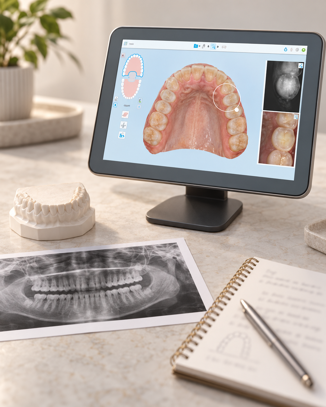 Escaneamento dos dentes na tela, com radiografia, modelo de gesso e anotações sobre a mesa.