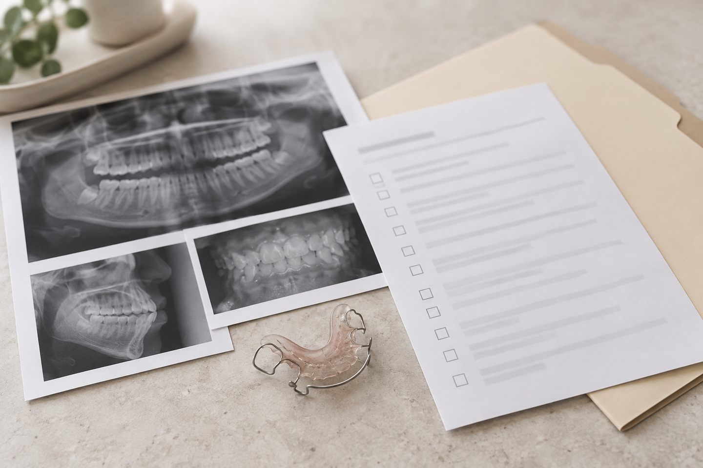 Radiografias, ficha para preencher e um aparelho removível usado antes, sobre a mesa.