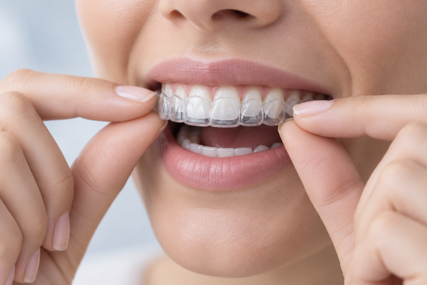 Pessoa encaixando o alinhador transparente nos dentes com as pontas dos dedos.